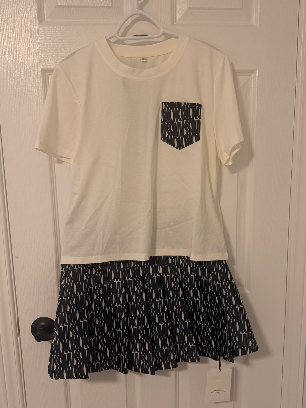 MiuMiu style Cream Tee Dress with Navy Patterned Pocket and Short Culottes